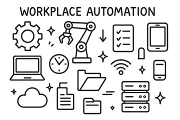 Workplace Automation Doodles. Hand-drawn doodle illustration Workplace automation [gear, robot arm, laptop, tablet, smartphone, clock, checklist, arrow,