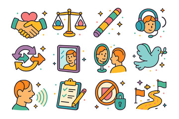 Empathy Icons Collection. Colorful isometric vector icons set of conflict resolution through empathy: handshake with heart, empathy scale, talking stick,
