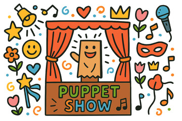 Obraz premium Colorful Puppet Show Icons. Puppet show. Colorful Hand-drawn doodle Children illustration puppet stage, curtain, paper bag puppet, star, heart, microphone,