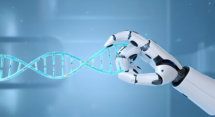 Futuristic robot hand delicately holding a DNA strand, showcasing gene editing and science innovations for medical advancements and technological breakthroughs