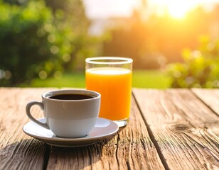 Morning coffee and orange juice on a wooden patio
