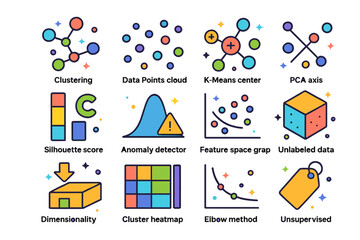 Obraz premium Unsupervised Learning Icons. Colorful isometric vector icons set of Unsupervised learning components: clustering icon, data points cloud, k-means center, PCA