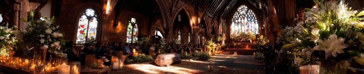 Funeral service in sunlit church with mourners near wooden casket adorned with white lilies as priest gives blessing before stained glass windows.
