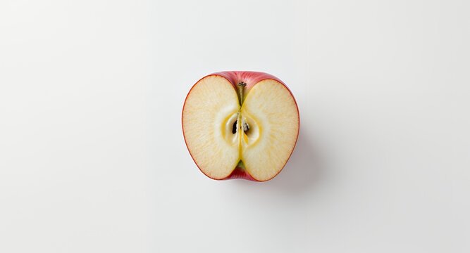 A halved red apple on a white background, showcasing its texture and core perfect for healthy eating, food blogs, and cookbook illustrations.