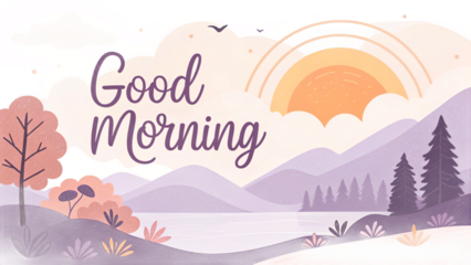 A good morning landscape with sun, mountains, trees, and lake in a cartoon style illustration