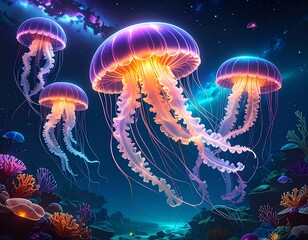 Fototapeta premium Glowing jellyfish in a vibrant underwater scene (1)
