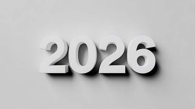 “Minimalist 3D render of ‘2026’ floating white on light gray, modern font, soft shadows, highlights