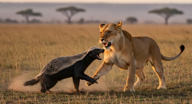 Honey badger (mellivora capensis) attacks lioness (panthera leo) 01