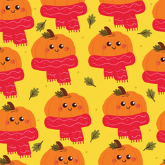 cute pumpkin character drawing wearing scarf seamless pattern. cute autumn style for wallpaper