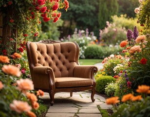 Fototapeta premium Ornate chair in vibrant floral garden