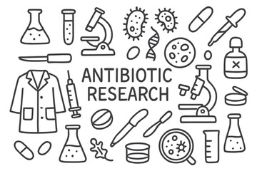 Antibiotic Research Icons. Hand-drawn doodle illustration Antibiotic research Lab flask, test tube, microscope, bacteria, DNA strand, pipette, pill, capsule,