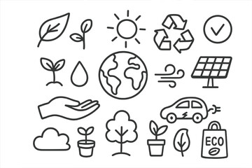 Fototapeta premium Eco Doodles Collection. Hand-drawn doodle illustration Eco-themed design [globe, recycling sign, leaf, sprout, sun, water drop, wind swirl, earth hand,