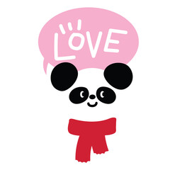 Cute Christmas illustration of panda with red scarf and LOVE letters for Christmas decoration, festive winter season, sticker, animal, zoo, souvenir shop, cartoon character, standee, patch, card, font