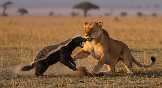 Honey badger (mellivora capensis) attacks lioness (panthera leo) 04