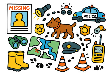 Search Effort Doodle. Colorful Hand-drawn doodle Children illustration Missing Person Search effort poster, flashlight, police car, binoculars, photo, map,