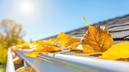 Obraz premium Golden autumn leaves collected in a residential gutter and scattered on roof shingles against a clear blue sky, sunny fall day