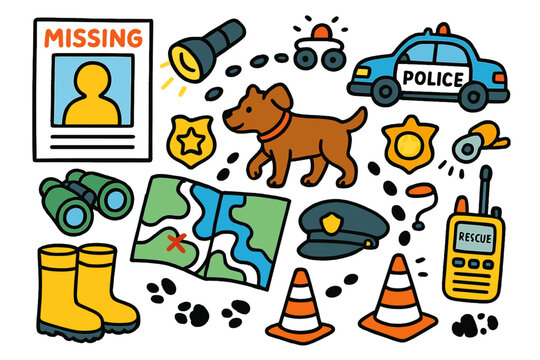 Search Effort Doodle. Colorful Hand-drawn doodle Children illustration Missing Person Search effort poster, flashlight, police car, binoculars, photo, map,