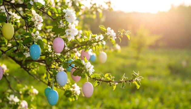 Easter eggs on blossoming tree
