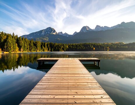 Calm lake, wooden dock, mountain view