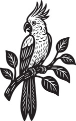 Obraz premium Cockatoo perched on branch linocut engraving black and white parrot bird woodblock vector illustration art
