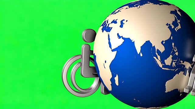 Global Disability & Accessibility: Earth Globe with Wheelchair Symbol on Green Screen. Inclusion & Awareness Concept