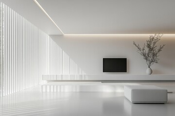A minimalist living room design showcasing clean lines, bright white tones, and natural light.