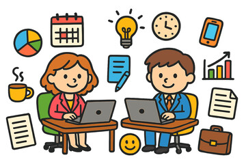 Colorful Office Doodle. Colorful Hand-drawn doodle Children illustration business professionals working on laptops laptop, office desk, coffee cup, calendar,