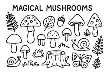 Magical Mushroom Doodles. Hand-drawn doodle illustration Magical mushrooms, mushroom, toadstool, spore, cap, stem, gills, forest leaf, acorn, pine cone, snail,