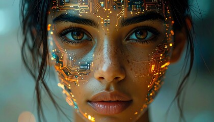 Close-up portrait of a woman with a circuit board face