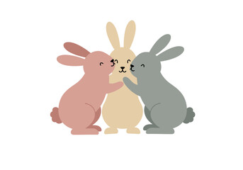 3 rabbitsa pink beige  grey onecuddle closely their bodies touch and smiles on faces