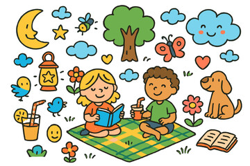 Fototapeta premium Evening Lawn Delight. Colorful Hand-drawn doodle Children illustration Evening on the Lawn [moon, star, lantern, blanket, juice, tree, flower, firefly, cloud,