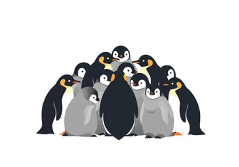 A huddle of penguins including both adults and chicks against a white background
