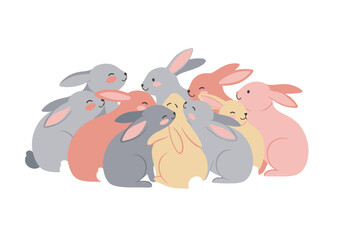 A huddle of stylized cartoon rabbits in varied pastel hues displayed on a white backdrop