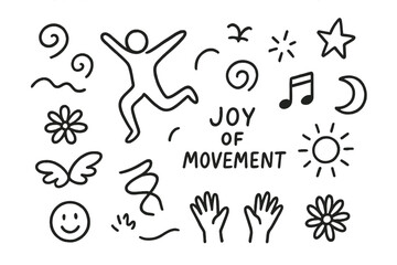 Joyful Movement Elements. Hand-drawn doodle illustration Joy of movement leaping figure, swirl, heart, star, spark, music note, ribbon, wave line, sun, smiling