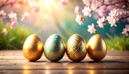 Easter eggs on wooden table, spring blossoms
