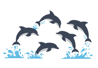 Fototapeta premium Five cartoon dolphins jumping out of blue water against a white background
