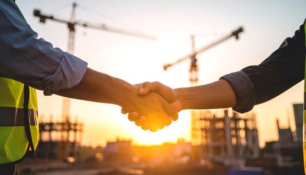 Construction Agreement - Handshake at Sunset. - Powered by Adobe