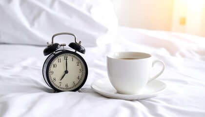 Morning wake-up with coffee and clock