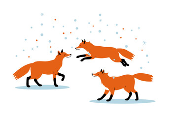 Three orange foxes in a snowy scene with blue and orange dots on a white background