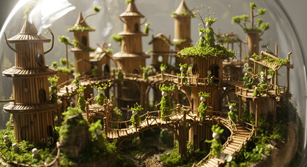 Obraz premium Miniature fantasy city built entirely from bamboo straws and natural fibers, inhabited by tiny forest spirits, under a glass dome.”