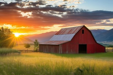 Obraz premium Red barn stands majestically in foreground surrounded by lush green grass tall wildflowers under dramatic sunset sky with mountains visible in distance for tranquil scenic landscape