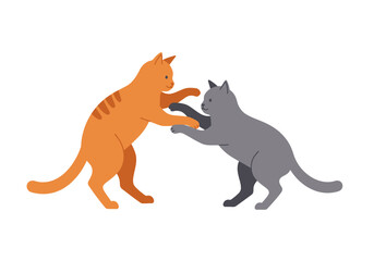Two cats one orange and one gray appear to be playfully fighting on a white background
