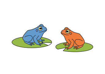 Two frogs one blue one orange sit on green lily pads against a white background facing each other