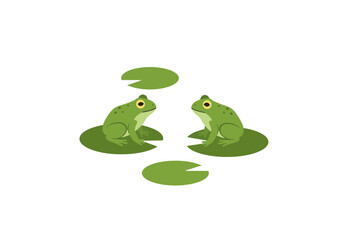 Two green cartoon frogs sit on lily pads with two separate pads floating nearby