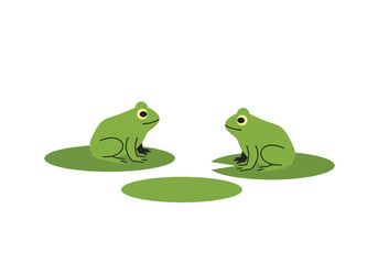 Two green frogs sit on lily pads facing each other with a third pad in between