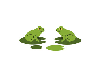 Two green frogs sit on lily pads facing each other with two smaller pads nearby all on a white background