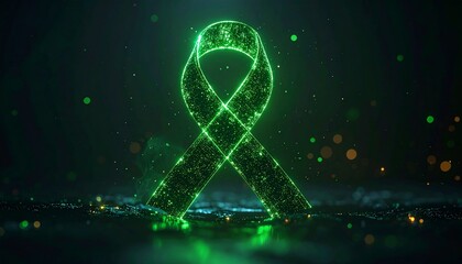 Futuristic 3D rendering of a green awareness ribbon, glowing with neon light particles against a dark, abstract background