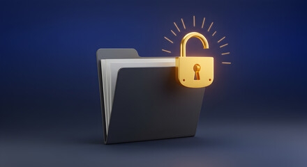 Golden Unlocked Padlock Over Folder Icon. Data Access and Cybersecurity Concept.