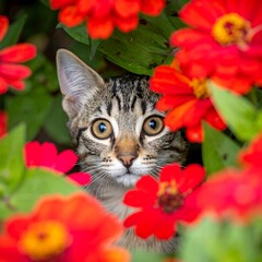 Curious cat amidst bright flowers