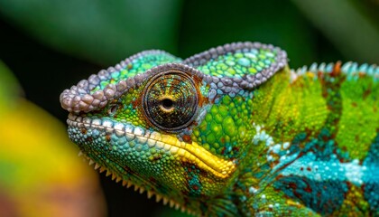 Fototapeta premium Close up colorful chameleon. Tropical wildlife animal. Color changing